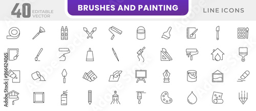 Brushes and painting line icon collection. Paint, paint roller, brush,  hammer, paint Bucket,  Spray, color palette, materials icon set. UI outline icon pack.