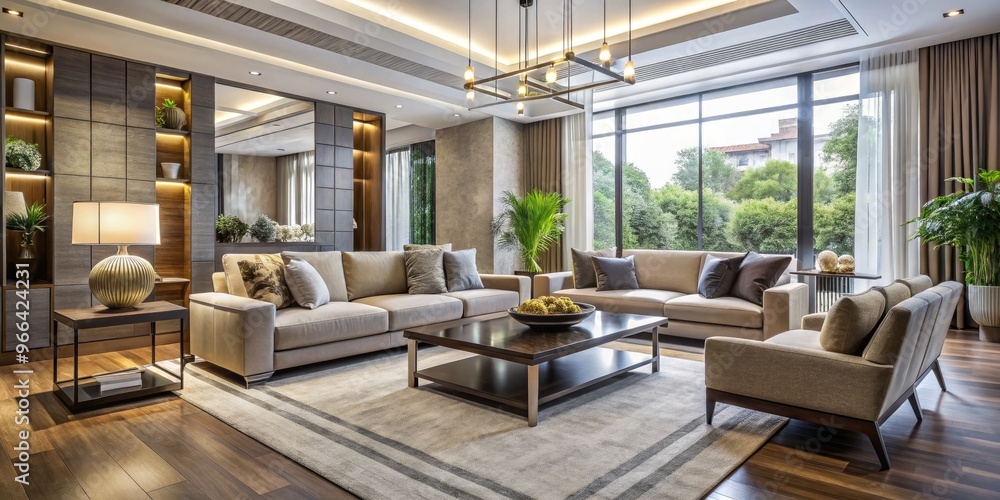Fototapeta premium Elegant modern living room with sleek furniture, natural light, and stylish decor, creating a sophisticated and inviting atmosphere in a luxurious contemporary home.