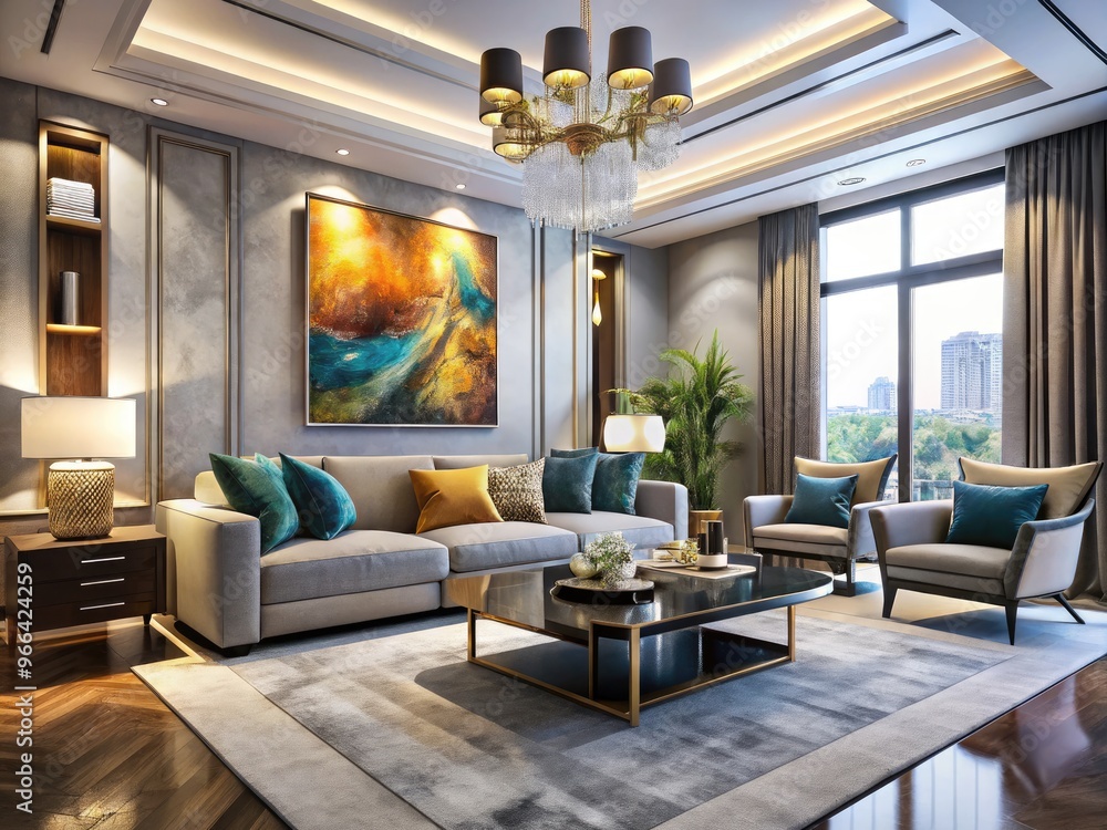 Elegant modern living room with sleek furniture, vibrant artwork, and ...