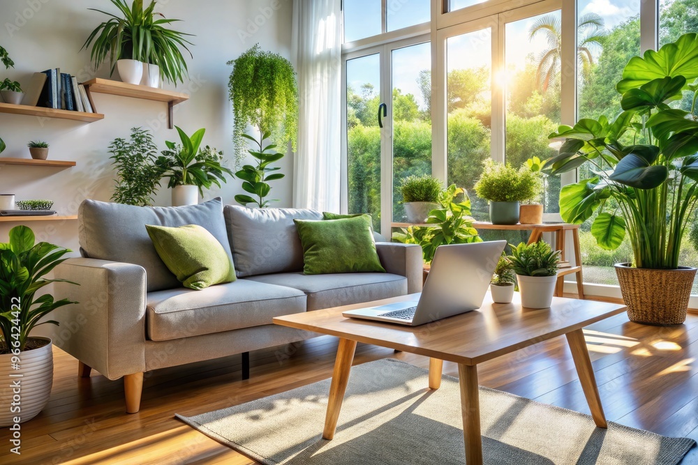 Elegant modern living room with stylish furniture, lush plants, and sleek laptop displaying online interior design course materials on a bright sunny morning. Elegant modern living room with stylish furniture, lush plants, and sleek laptop displaying online interior design course materials on a bright sunny morning.