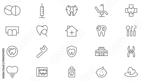 Dental clinic line icon collection. Dentistry, dentist, toothpaste, treatment, toothbrush, teeth, implant doctor, and check up icon set. UI outline icon pack