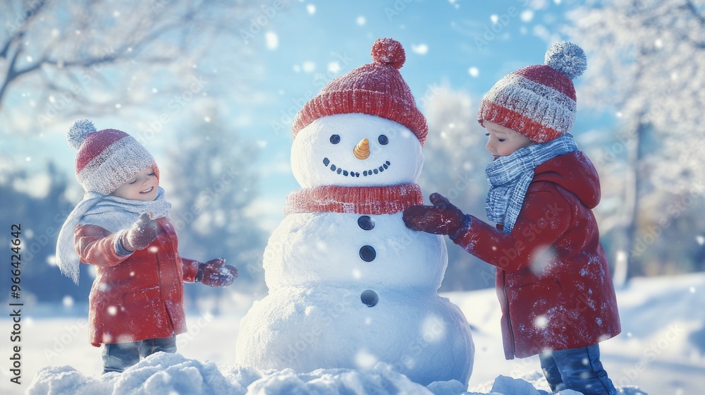 Children building a snowman in a park, bright winter day, cheerful expressions Children building a snowman in a park, bright winter day, cheerful expressions