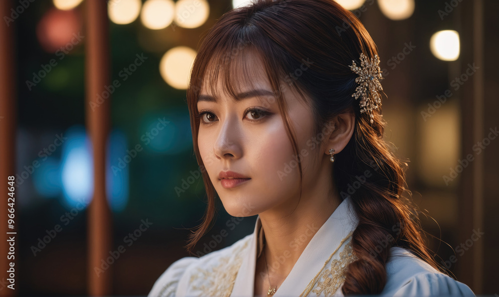A woman with long brown hair and a gold flower headband A woman with long brown hair and a gold flower headband