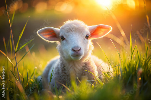 A baby sheep is laying in the grass, looking up at the camera. The scene is peaceful and serene, with the sun shining brightly in the background