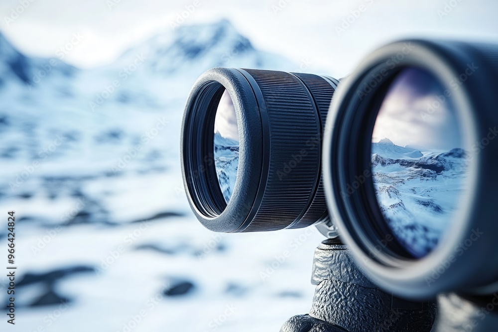 Binoculars Focused on a Snowy Mountain Landscape Binoculars Focused on a Snowy Mountain Landscape