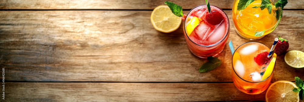 Appetizing red and yellow fruit cocktails with ice, pieces of lemon, berries, mint, straws on a wooden background. Top view. Drinking Straw Day. Horizontal banner. Copy space. World cocktail day Appetizing red and yellow fruit cocktails with ice, pieces of lemon, berries, mint, straws on a wooden background. Top view. Drinking Straw Day. Horizontal banner. Copy space. World cocktail day