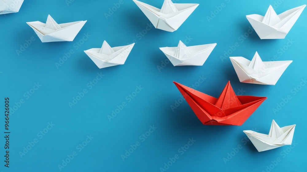 Group of white paper ship in one direction and one red paper ship pointing in different way on blue background. Business for innovative solution concept Group of white paper ship in one direction and one red paper ship pointing in different way on blue background. Business for innovative solution concept