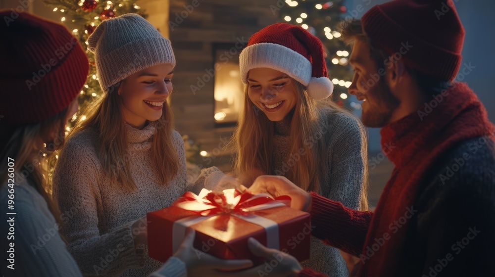 Group of friends exchanging gifts on Christmas Eve, festive spirit, December 24 Group of friends exchanging gifts on Christmas Eve, festive spirit, December 24
