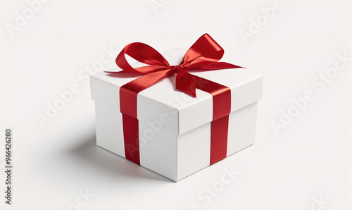 A white gift box tied with a red ribbon sits on a white surface