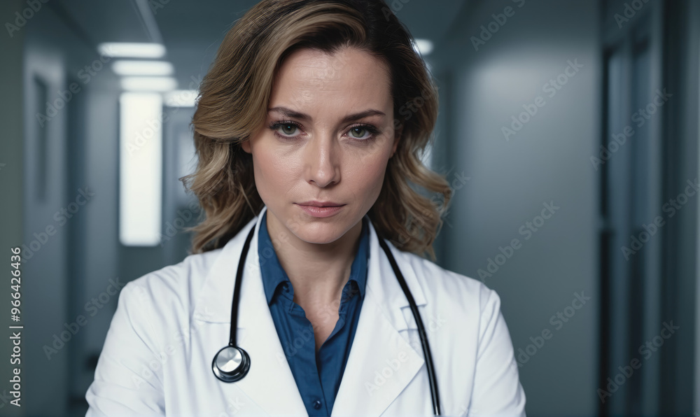 A female doctor stands in a hospital hallway, wearing a white coat and stethoscope, with a serious expression on her face A female doctor stands in a hospital hallway, wearing a white coat and stethoscope, with a serious expression on her face