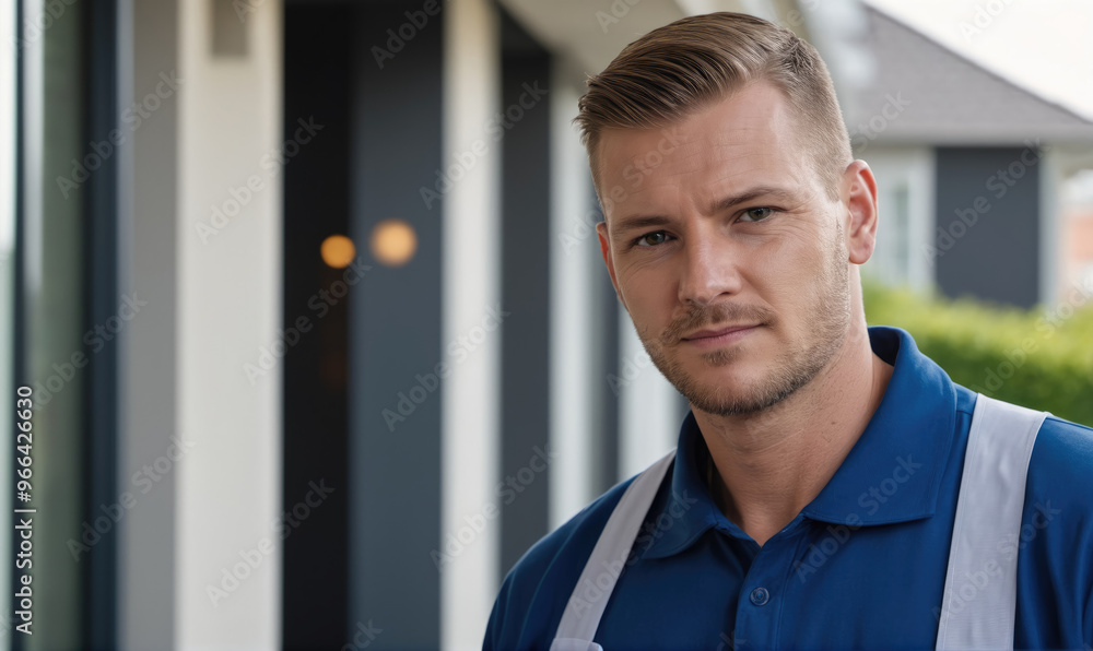 A man wearing a blue work shirt stands in front of a house A man wearing a blue work shirt stands in front of a house