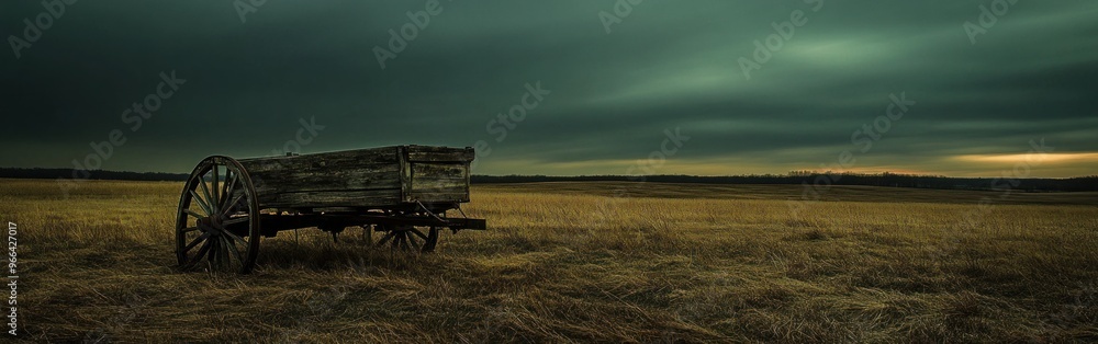A rustic wooden wagon sits in a vast, open field under a moody sky at dusk. A rustic wooden wagon sits in a vast, open field under a moody sky at dusk.