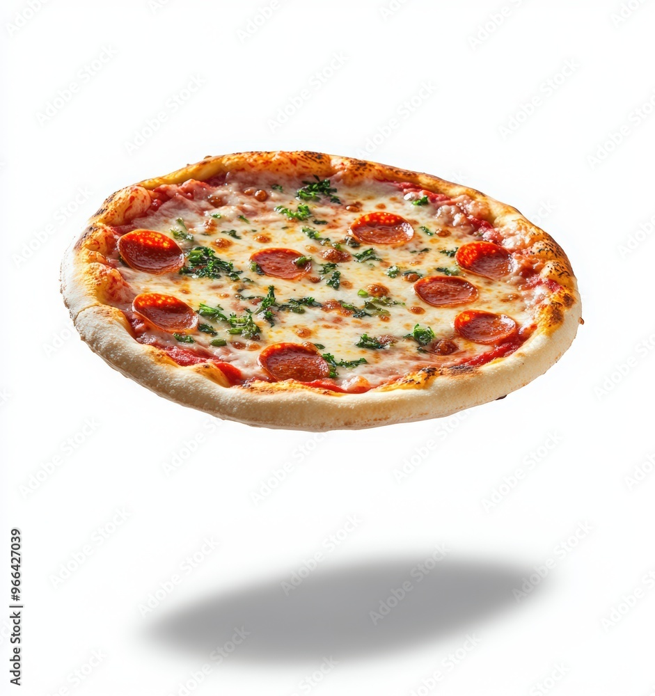 A flying pizza with pepperoni on a white background. Pizza and beer day A flying pizza with pepperoni on a white background. Pizza and beer day