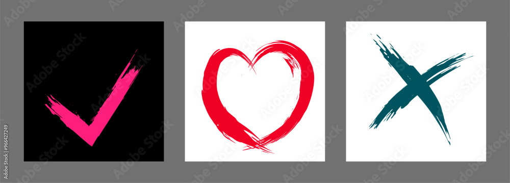 The cross, heart and OK symbol are hand-drawn with a brush. Prohibition, denial, error. Love. Approval, consent. Vector, set of 3 characters The cross, heart and OK symbol are hand-drawn with a brush. Prohibition, denial, error. Love. Approval, consent. Vector, set of 3 characters