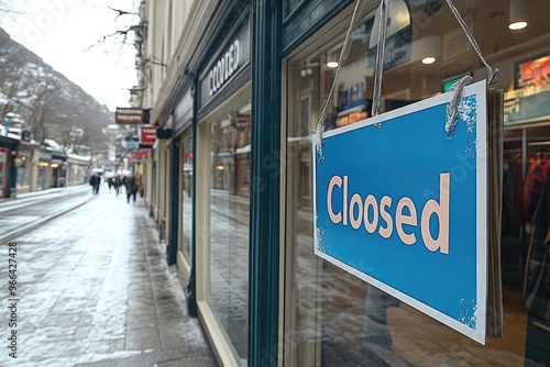 Closed Sign on a Shop Window in a Snowy Street