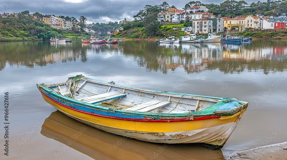 Obraz premium A yellow and blue boat atop a river adjacent to a shore brimming with tiny boats