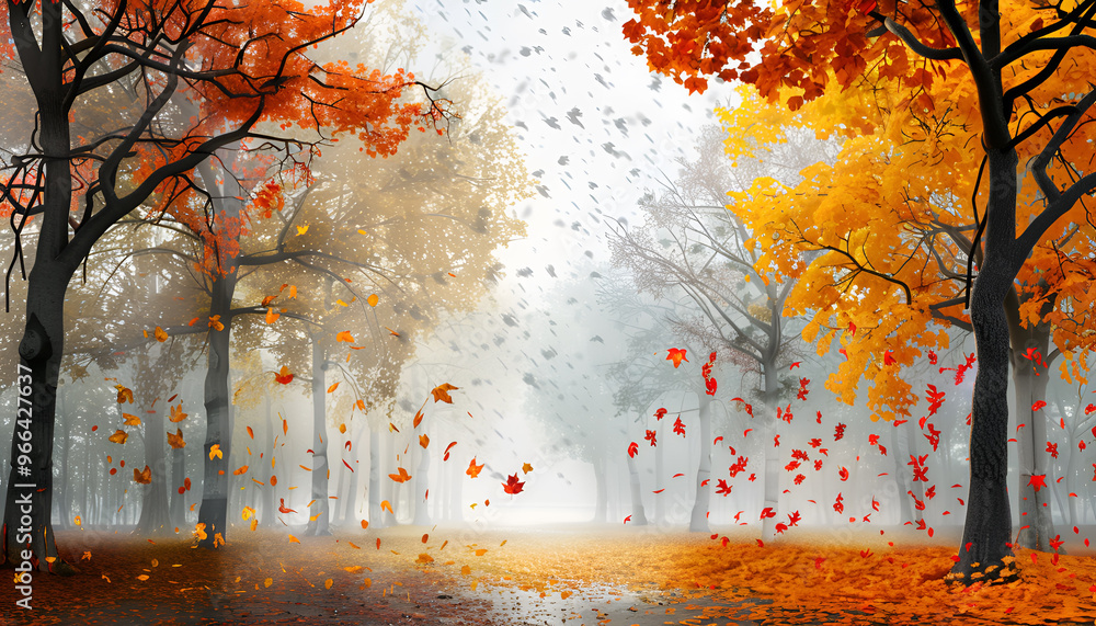 Fototapeta premium trees on left and right side with color of leafs changing, gloomy weather leaves falling from trees
