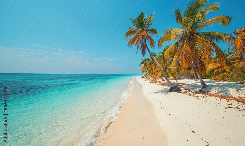 Fototapeta premium Palm fringed white sand beach, Agatti Island, Lakshadweep archipelago,