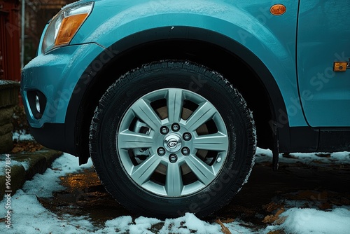 Close-up of a Blue Car's Front Tire in Snow