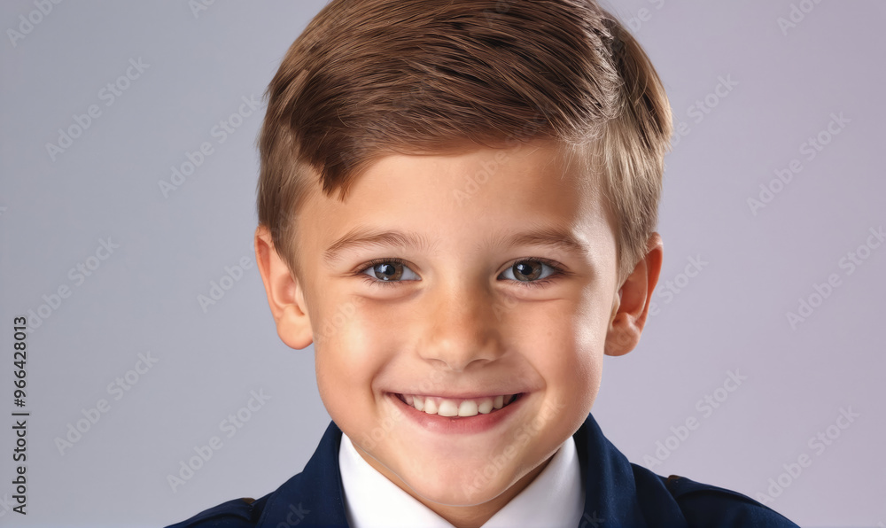 A young boy with brown hair smiles brightly for the camera while wearing a dark blue suit and white shirt A young boy with brown hair smiles brightly for the camera while wearing a dark blue suit and white shirt