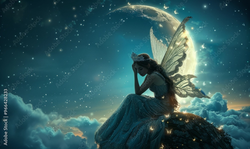 fairy, fairy sit on the moon, fantasy style fairy, fairy sit on the moon, fantasy style