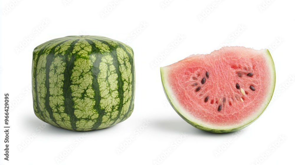 Square or cube striped watermelons and half of watermelon isolated on white background. File contains clipping path. Square or cube striped watermelons and half of watermelon isolated on white background. File contains clipping path.