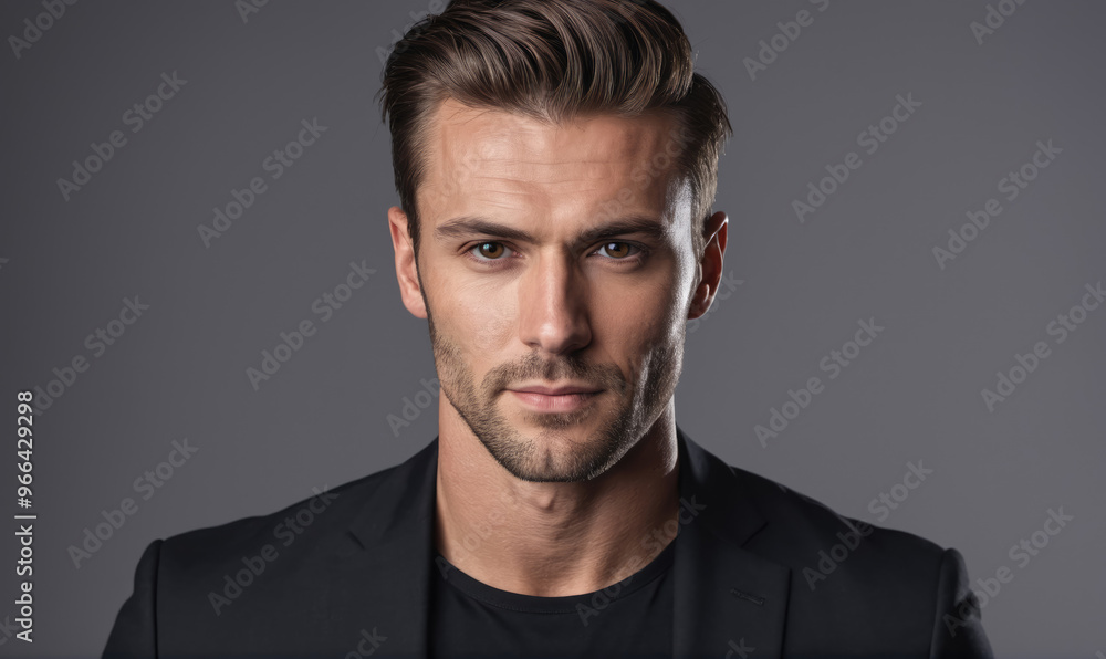 Obraz premium A man with short brown hair and a beard looks directly at the camera