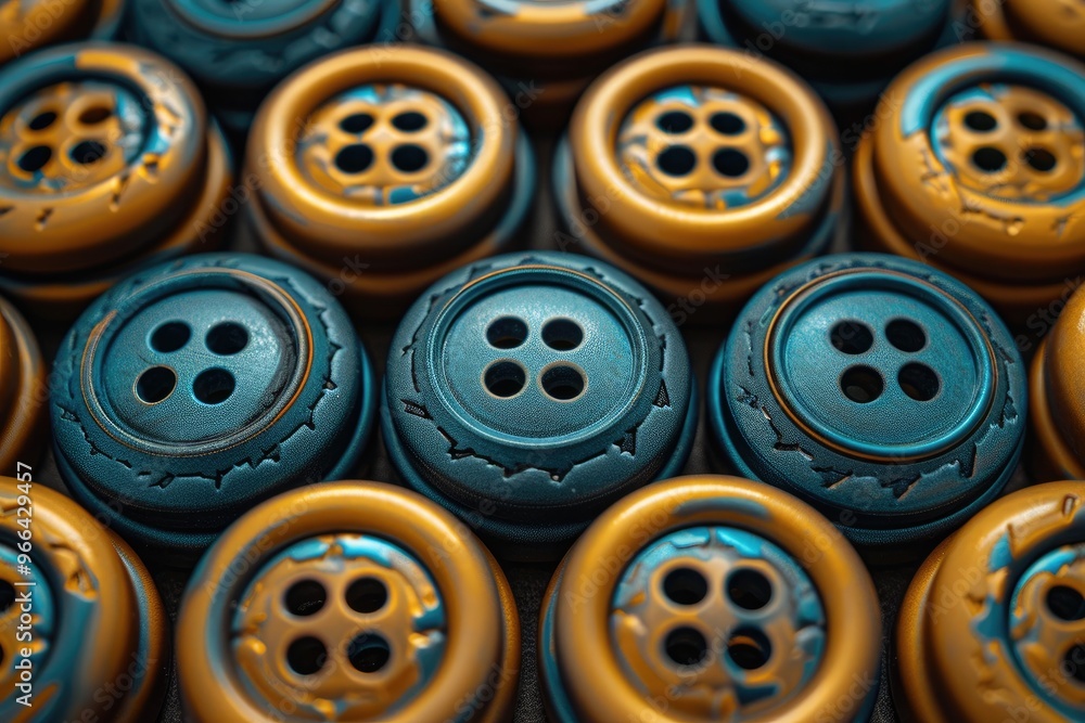 Close-up of Four-Hole Blue and Gold Buttons Close-up of Four-Hole Blue and Gold Buttons