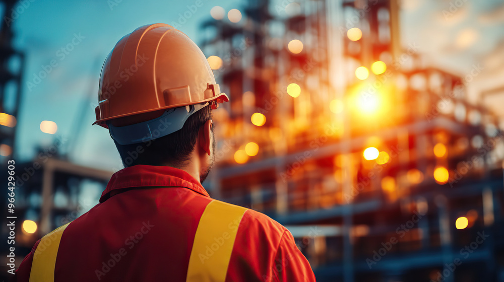A worker observes an industrial site during sunset, showcasing safety gear and the vibrant energy of the refinery. A worker observes an industrial site during sunset, showcasing safety gear and the vibrant energy of the refinery.