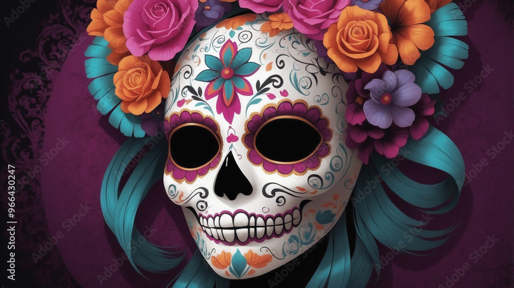 Illustration of a sugar skull wearing a colorful crown made of flowers, celebrating the day of the dead Illustration of a sugar skull wearing a colorful crown made of flowers, celebrating the day of the dead