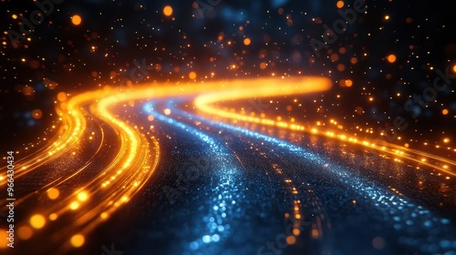 futuristic abstract swirling gold and blue neon lines create highspeed light trails against dark background bokeh effects and dynamic movement evoke data transfer concept