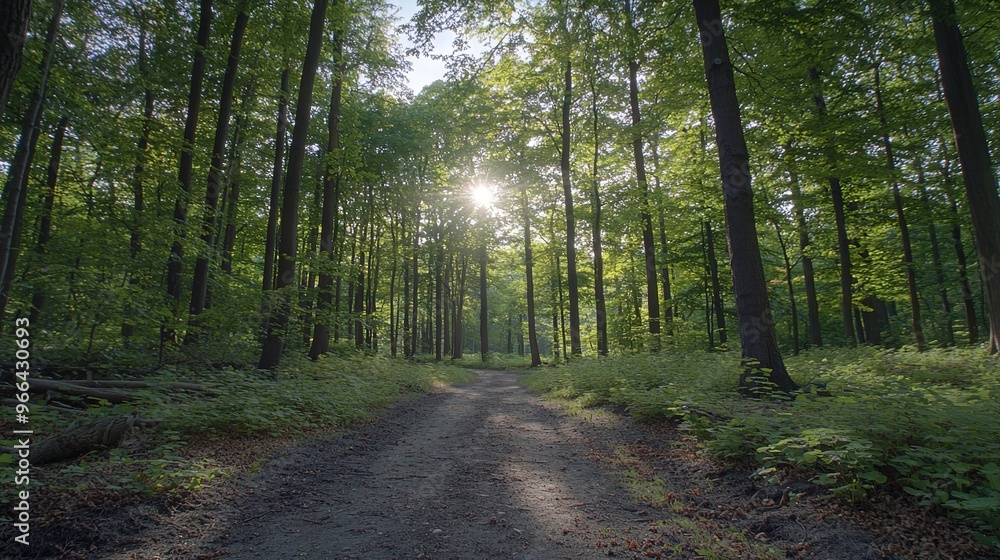 Dirt road amidst forest, trees on either side, sun illuminating through foliage Dirt road amidst forest, trees on either side, sun illuminating through foliage
