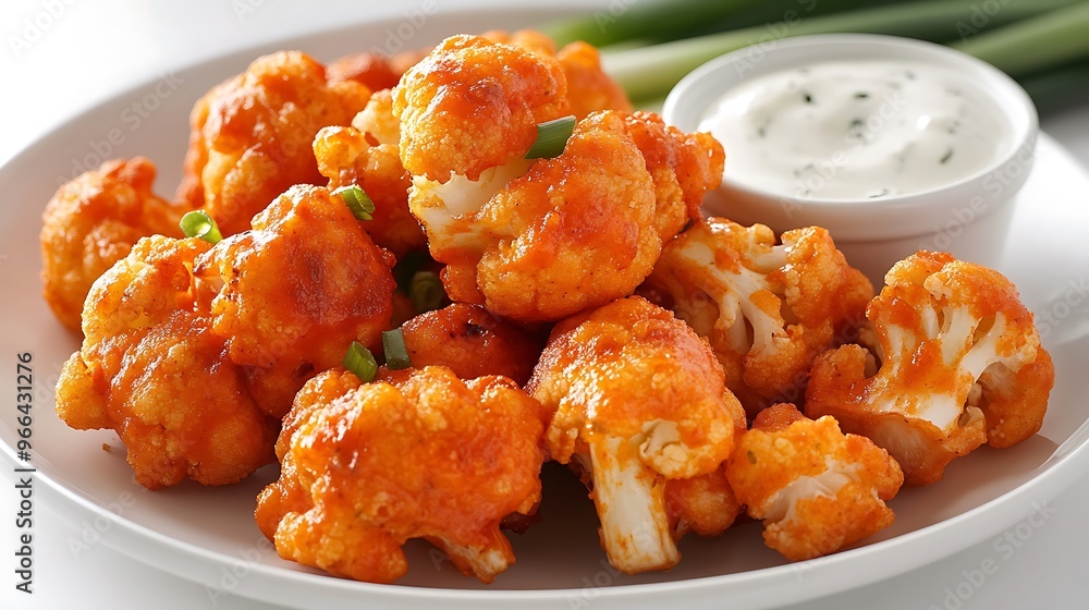 A plate of crispy buffalo cauliflower bites served with ranch dipping sauce A plate of crispy buffalo cauliflower bites served with ranch dipping sauce