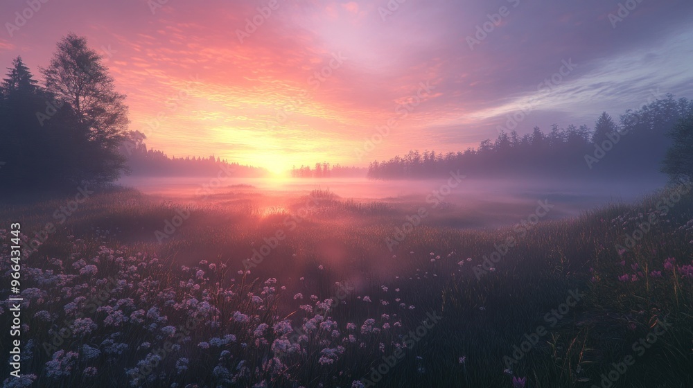Naklejka premium Sunrise over Foggy Meadow
