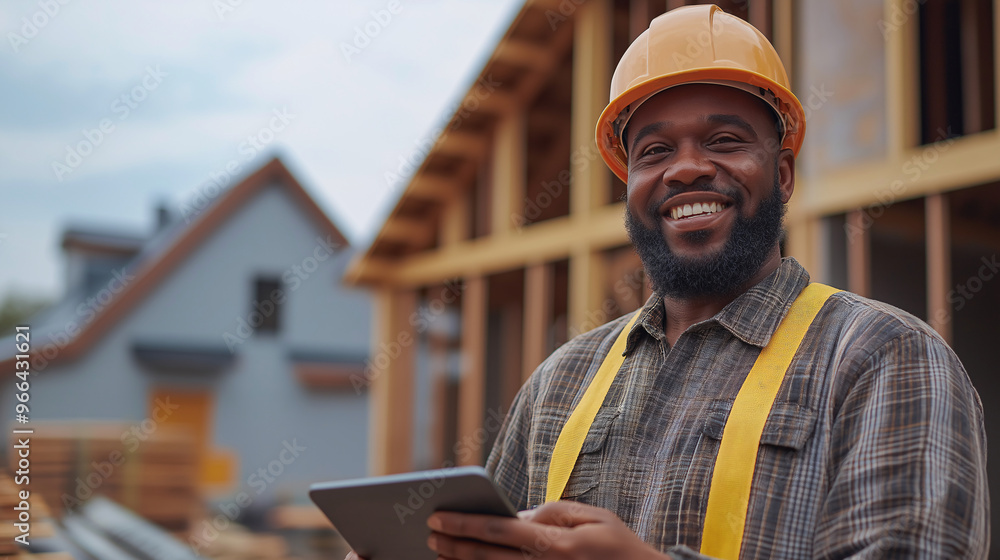 Construction Worker with Hard Hat Reviewing Blueprints on Tablet Construction Worker with Hard Hat Reviewing Blueprints on Tablet