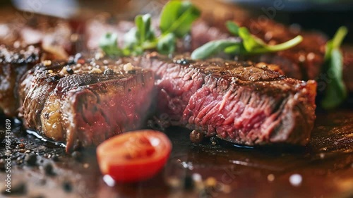 Juicy steak on the table moves with smoke around
