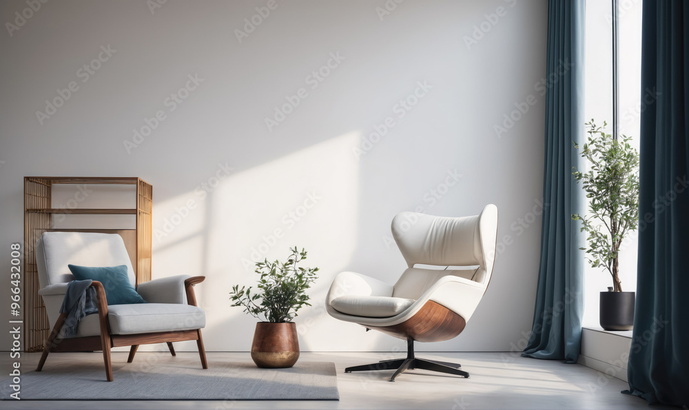 Obraz premium Two chairs sit in a modern living room with large windows and sunlight streaming in