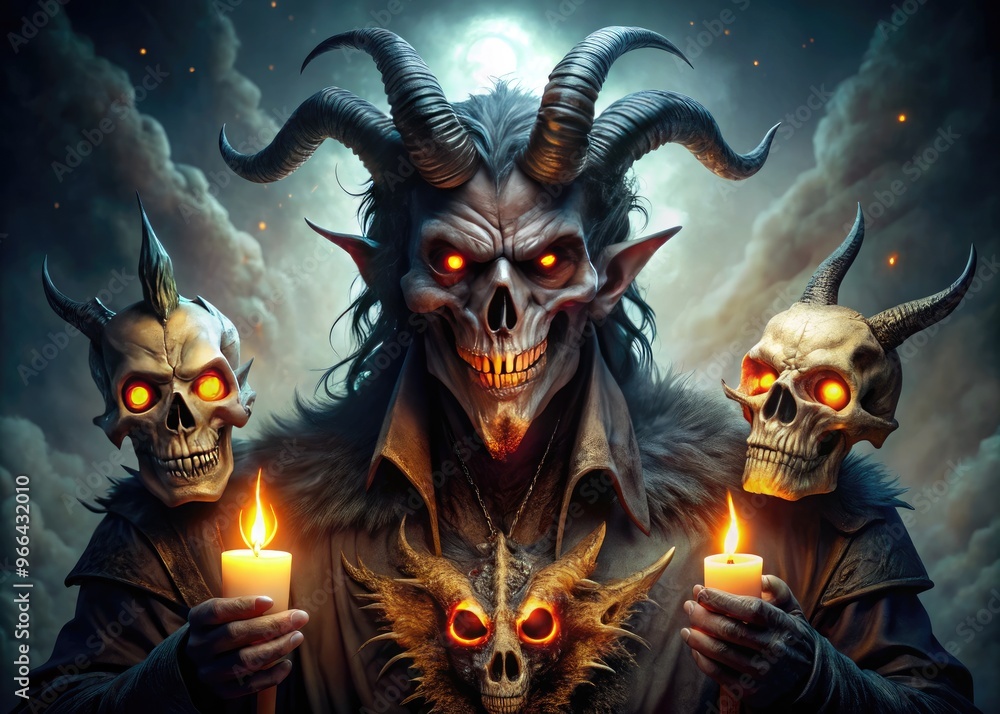 Frightening Demon With Glowing Eyes Holding Three Animal Skulls In An Ominous And Chilling Scene Frightening Demon With Glowing Eyes Holding Three Animal Skulls In An Ominous And Chilling Scene