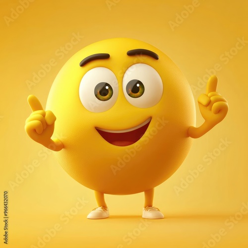 A cheerful cartoon emoji character with bright yellow color expressing joy while standing against a sunny backdrop, showcasing a playful attitude and inviting smile