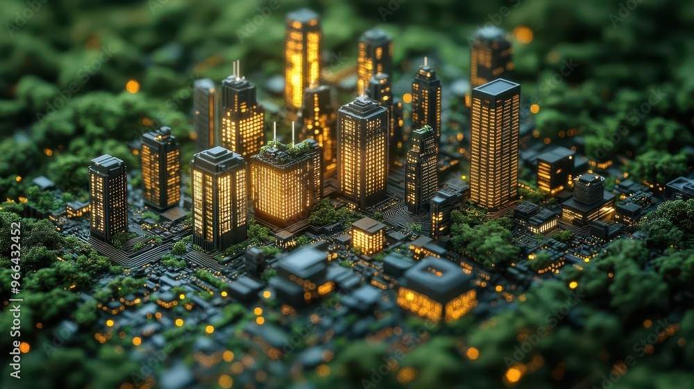 futuristic circuit board cityscape miniature green city and forest integrated into electronic circuitry blending technology and nature in a surreal landscape futuristic circuit board cityscape miniature green city and forest integrated into electronic circuitry blending technology and nature in a surreal landscape