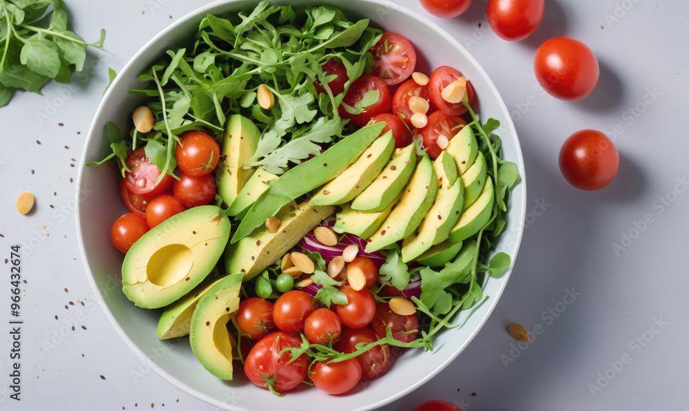 A fresh salad with avocado, cherry tomatoes, and arugula in a white bowl A fresh salad with avocado, cherry tomatoes, and arugula in a white bowl