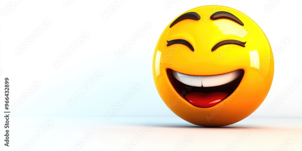 Fototapeta premium A joyful yellow smiley face with a wide grin, exuding happiness and positivity in a minimalist setting, perfect for conveying cheerful emotions and light-hearted moments