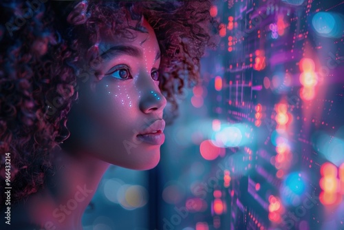 A young woman with curly hair looks intently at a screen filled with glowing data.