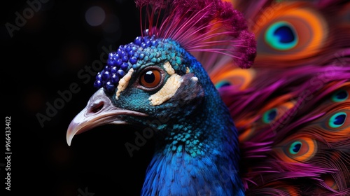 peacock in front of black background.