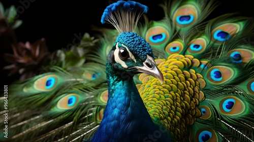 peacock in front of black background.