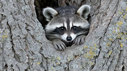  Peeking out, a raccoon emerges from a tree trunk's lichen-covered bark