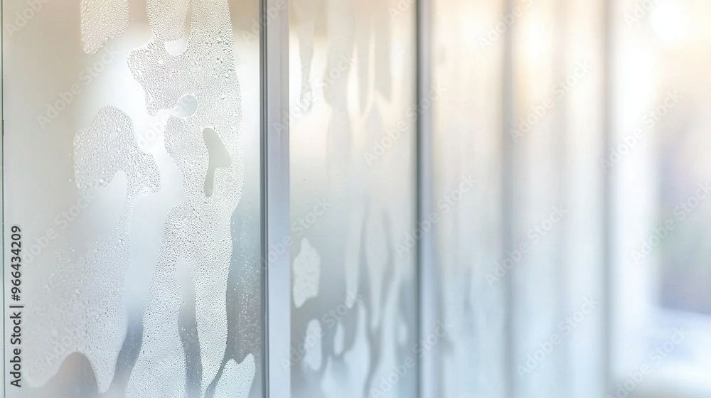 A close-up of a frosted glass window shows two cats sitting on opposite sides of the sill, their fur glistening in the sunlight A close-up of a frosted glass window shows two cats sitting on opposite sides of the sill, their fur glistening in the sunlight