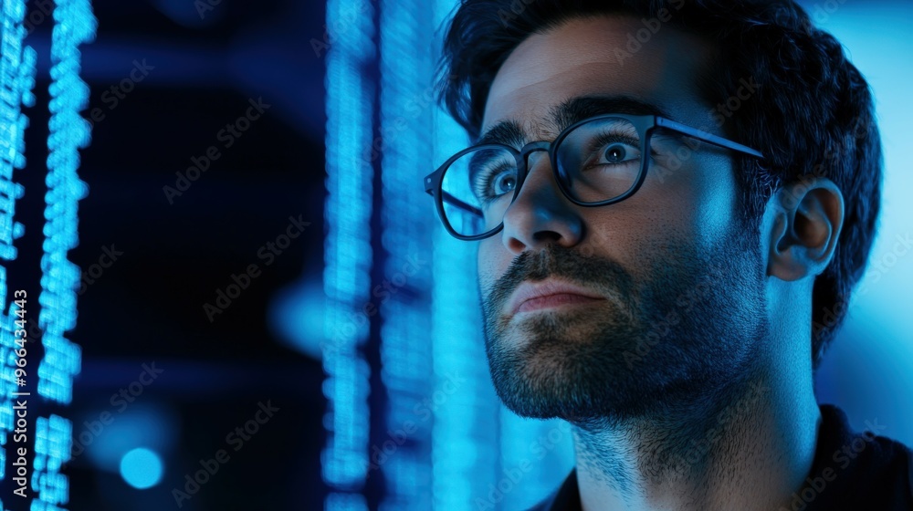Young man observing digital data in a high-tech environment at night Young man observing digital data in a high-tech environment at night