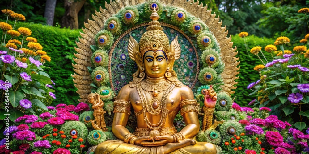Golden statue of Hindu god Subramanya, also known as Kartikeya, sitting on a peacock, adorned with flowers and jewels, surrounded by lush greenery. Golden statue of Hindu god Subramanya, also known as Kartikeya, sitting on a peacock, adorned with flowers and jewels, surrounded by lush greenery.