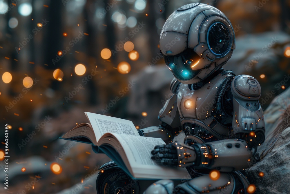 A humanoid robot sits in a forest reading a book, surrounded by glowing fireflies. A humanoid robot sits in a forest reading a book, surrounded by glowing fireflies.